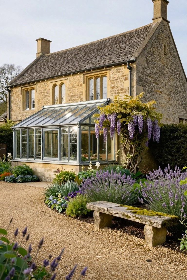 Stone cottage exterior with attached glass conservatory extension draped in purple wisteria, lavender plants in front, gravel path, and stone bench.