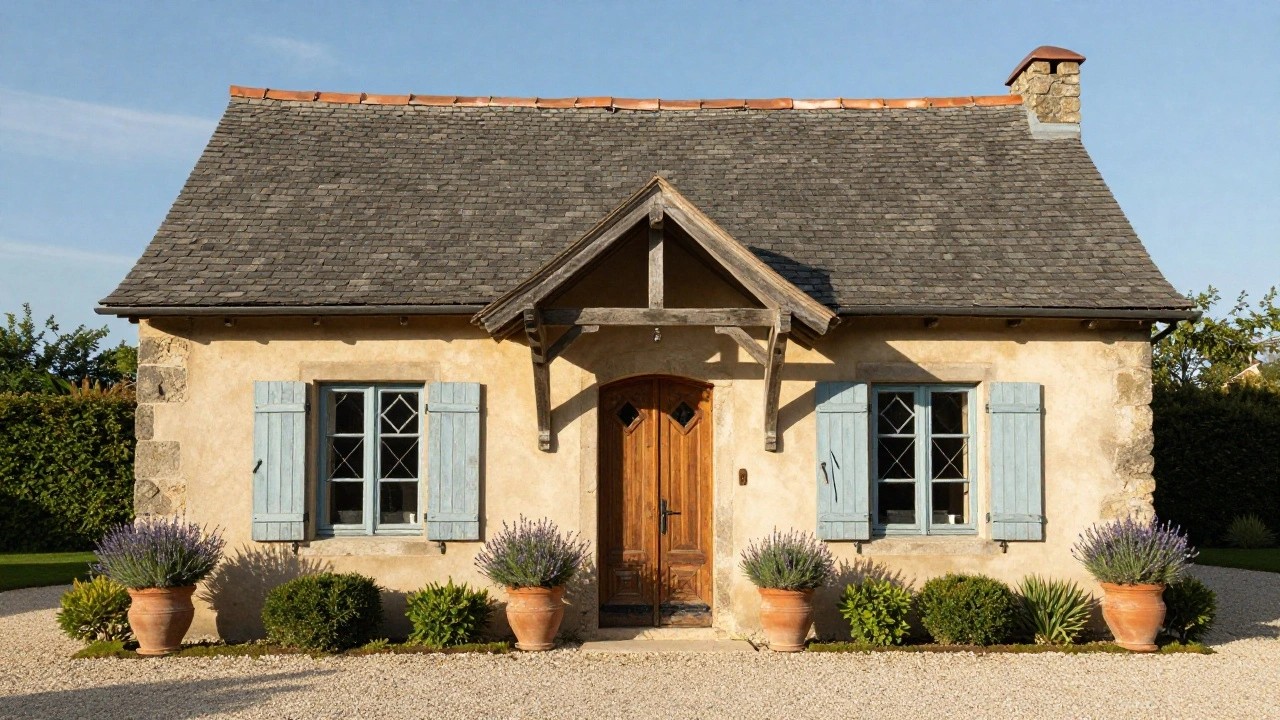 Beige stucco French country house facade with slate roof, blue shutters on leaded windows, arched wooden front door under wooden pergola with vines, flanked by terra cotta pots of lavender on gravel path.