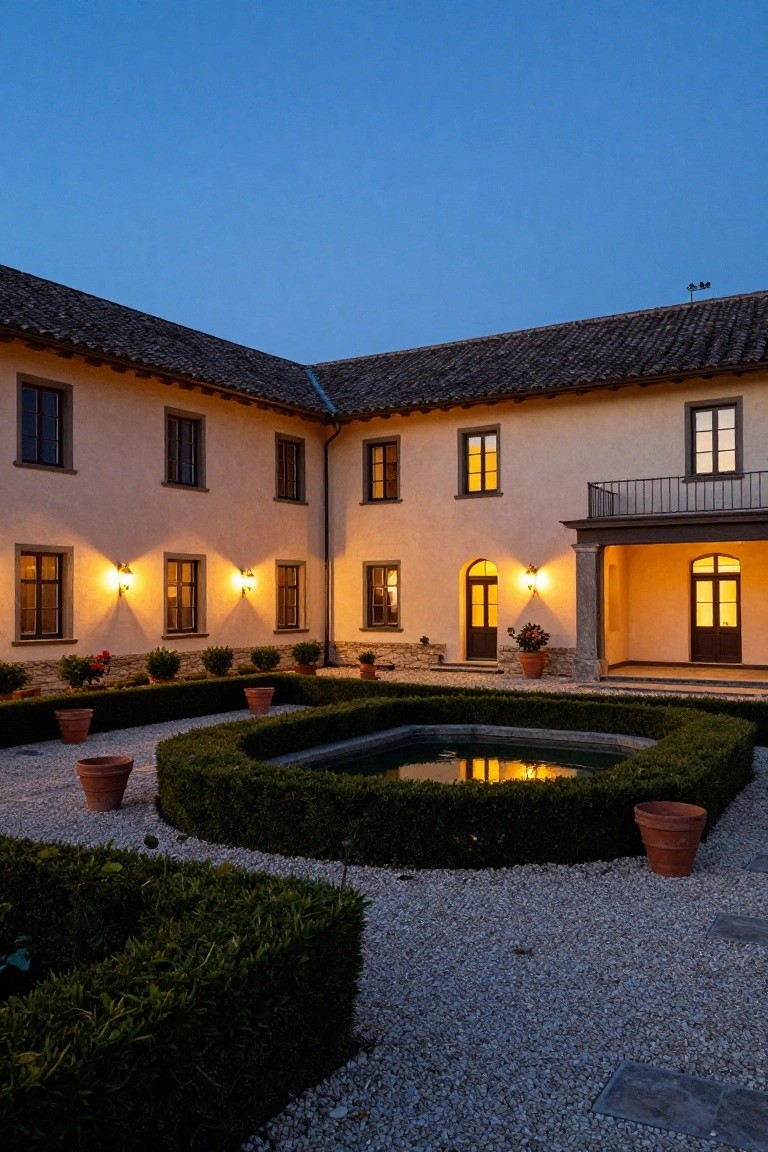 Beige stucco house with terracotta tile roof and arched portico enclosing a gravel courtyard centered on an octagonal fountain surrounded by low boxwood hedges, lit by wall lanterns and windows at dusk.