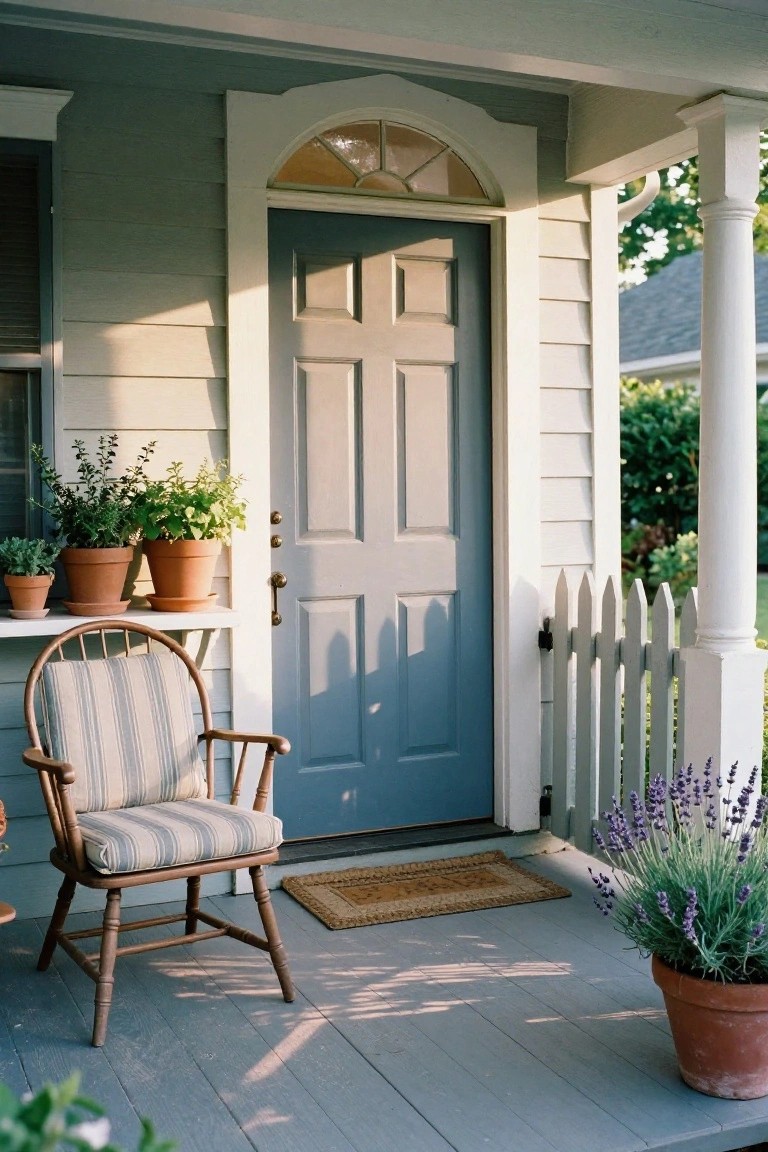 Front porch of a light blue house with dark blue paneled door, white trim, wooden shelf holding small potted herbs, larger potted plants nearby, wooden armchair with striped cushions, doormat, and potted lavender by a white picket fence.