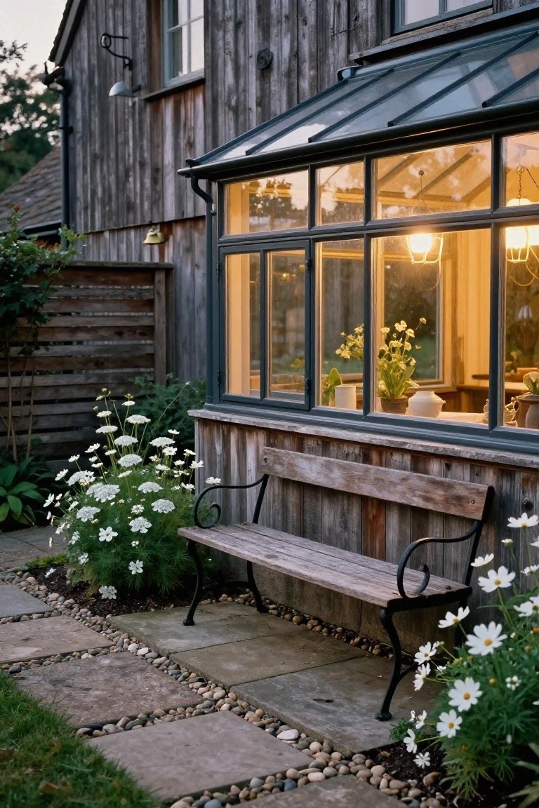 Dark wooden barn-style building with a glass conservatory extension lit from within, wooden bench surrounded by white flowers and cow parsley, stone path and gravel garden bed in front.
