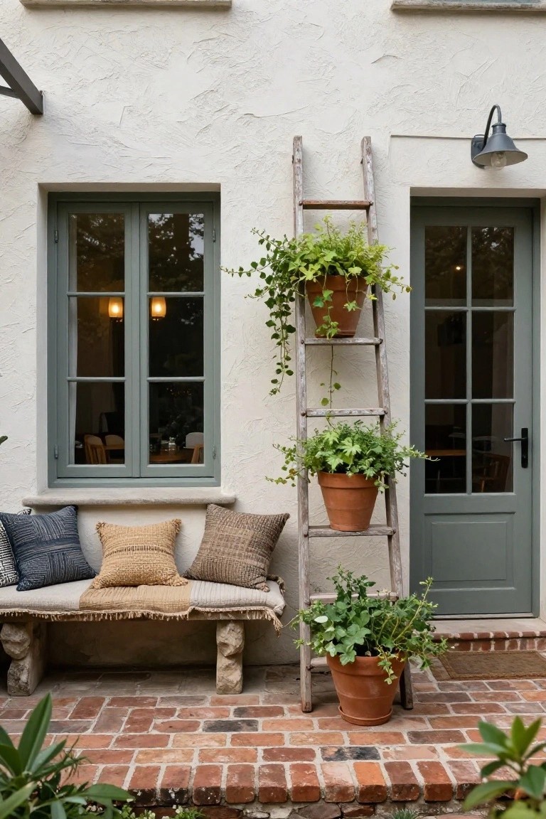 White stucco house exterior with green window and door, wooden ladder holding three terracotta pots of plants, bench with cushions on stone base, and brick pathway.
