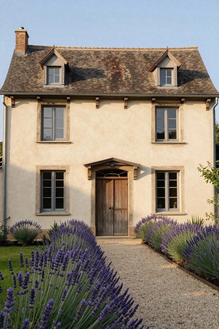 Two-story beige stucco house with slate tile roof, wooden shutters on windows, rustic wooden front door under a small hooded porch, and symmetrical rows of blooming lavender bushes lining a straight gravel path to the entrance.