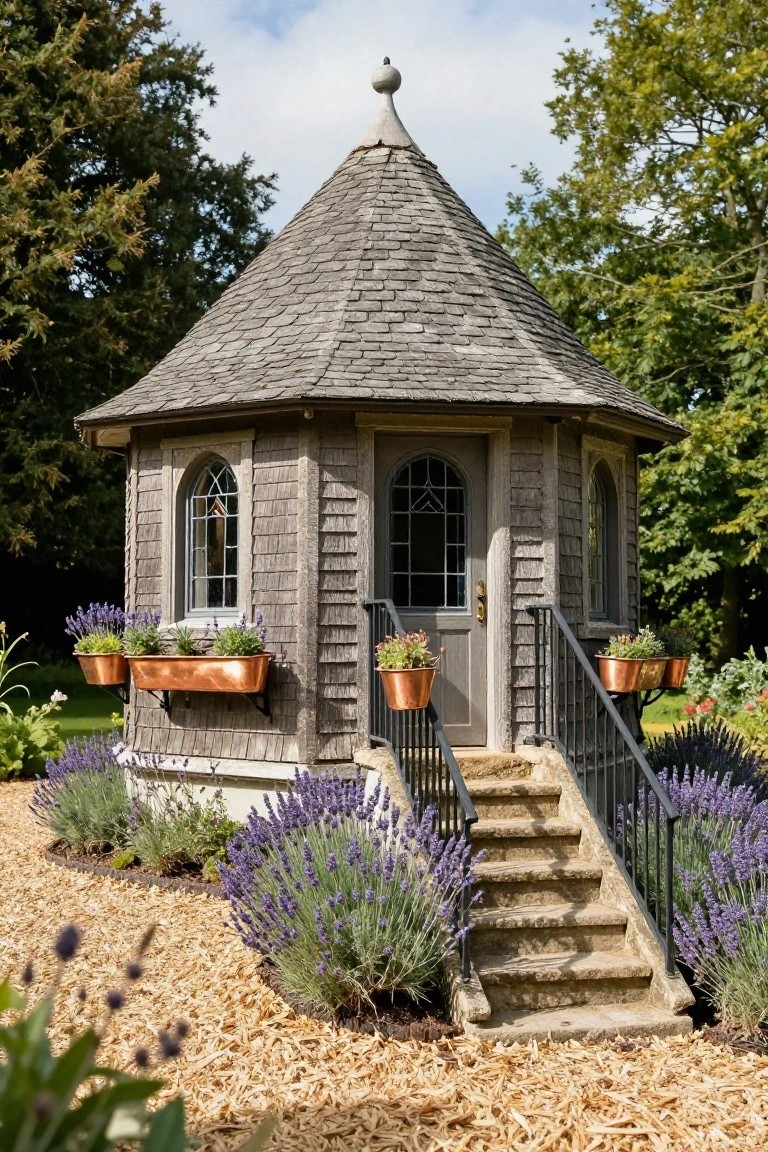 Octagonal wooden garden pavilion with gray shingle roof, arched leaded windows, gray door, copper planters with flowers on windows and steps, surrounded by lavender plants and gravel ground cover.