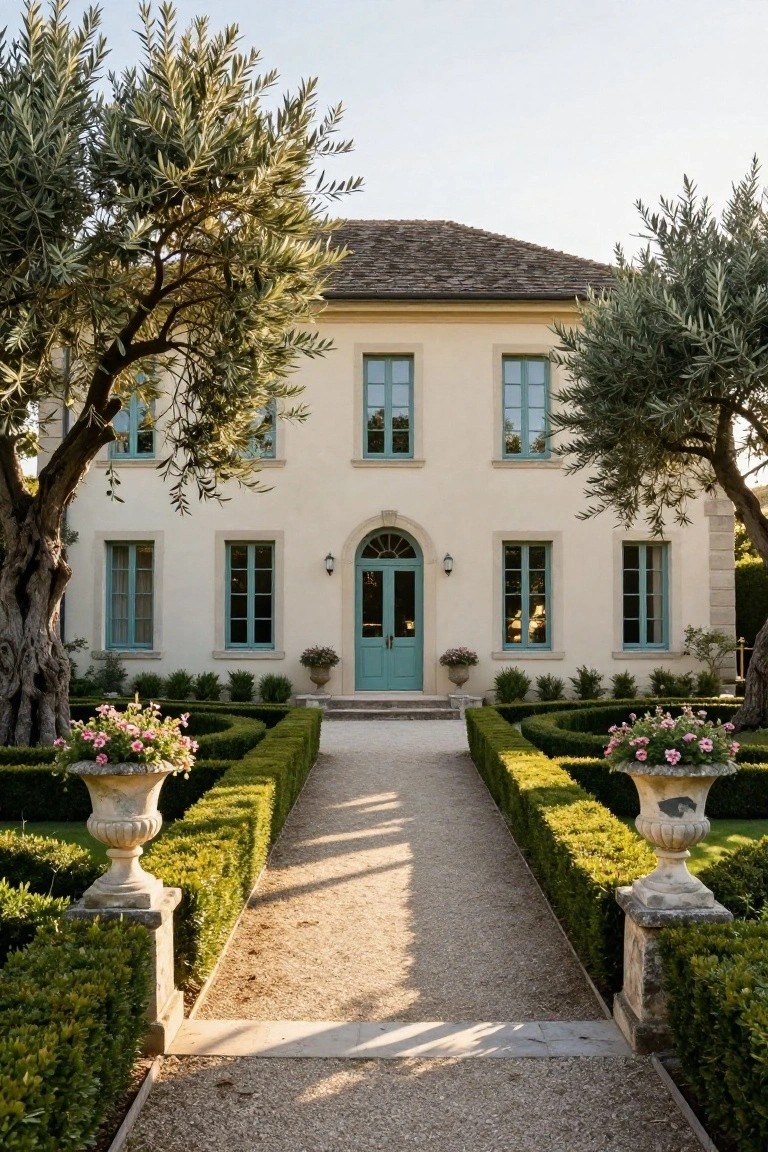 Beige stucco house with turquoise shutters and centered door under a curved archway, flanked by mature olive trees, formal boxwood hedges lining a gravel path, and stone urns with pink flowers at the entrance.