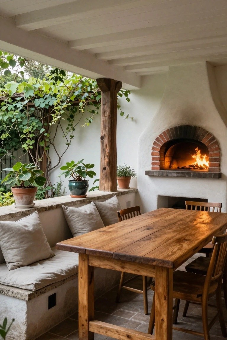 Covered outdoor patio with lit arched brick wood-burning oven built into white stucco wall, wooden rectangular dining table, cushioned bench seating, wooden chairs, potted plants, and climbing vines on wooden post.