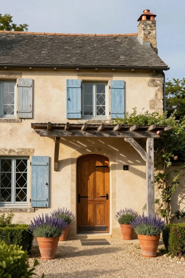 Beige stucco French country house facade with slate roof, blue shutters on leaded windows, arched wooden front door under wooden pergola with vines, flanked by terra cotta pots of lavender on gravel path.