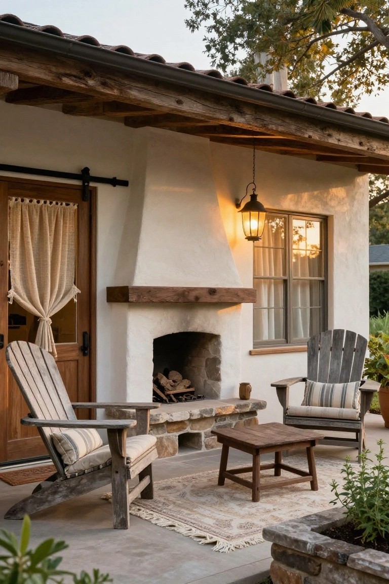 Concrete patio under tiled roof overhang with exposed wood beams, featuring two cushioned Adirondack chairs and small wooden table on patterned rug in front of built-in outdoor wood-burning fireplace on white stucco wall, wooden sliding barn door, hanging lantern, and potted plants.