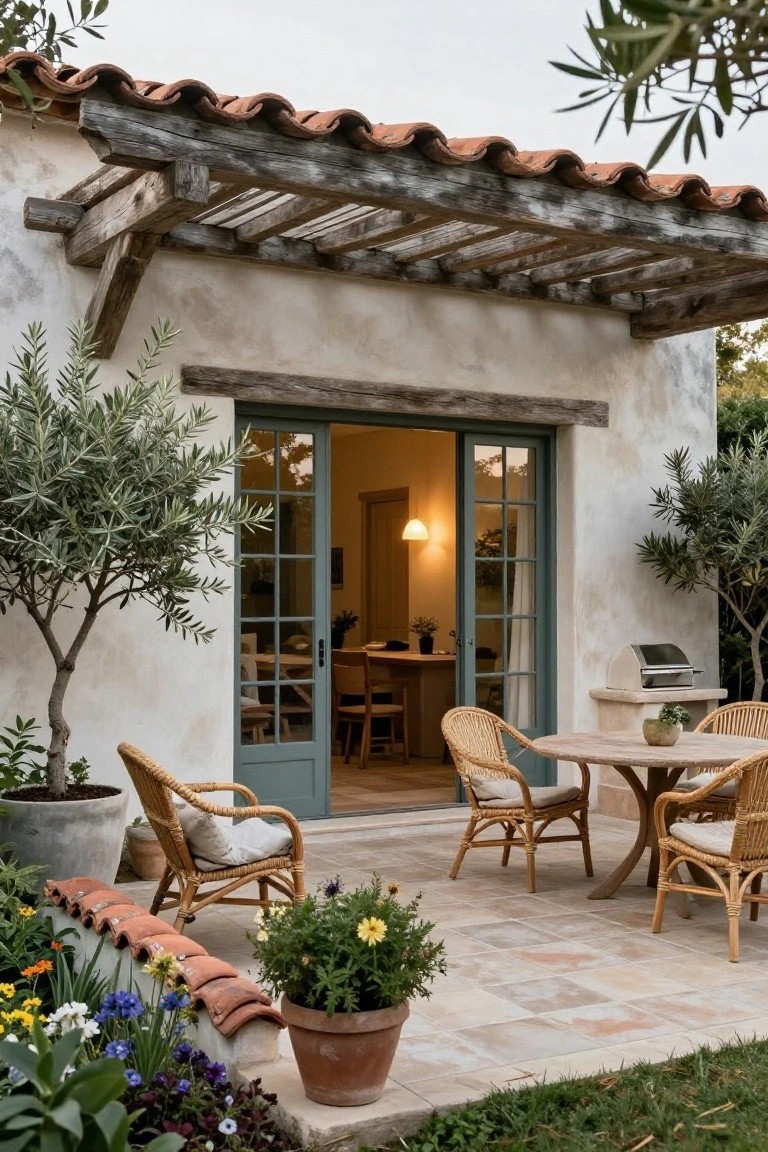Stucco-walled house exterior with wooden pergola-covered terrace, rattan chairs and round table on tiled patio, potted olive trees and flowers, open green French doors to interior dining area, and built-in grill.