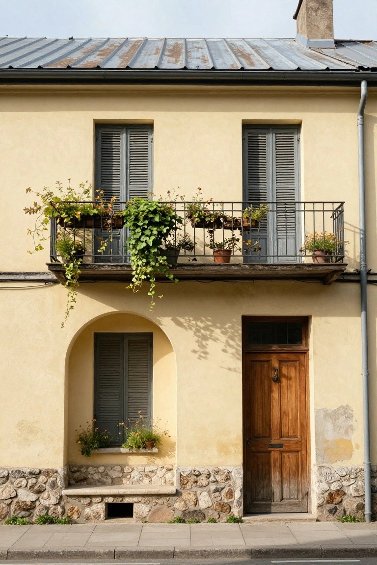 Yellow plaster two-story house exterior with metal roof, shuttered windows, wrought-iron balcony with potted plants and vines, arched wooden front door, stone base, and downspout on a paved street.