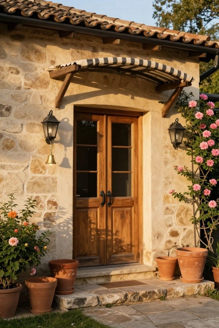 Stone house exterior with irregular beige stone walls, double wooden doors with glass panels under a black-and-white striped awning, black lanterns, a brass bell, climbing pink roses, and terracotta pots with plants.