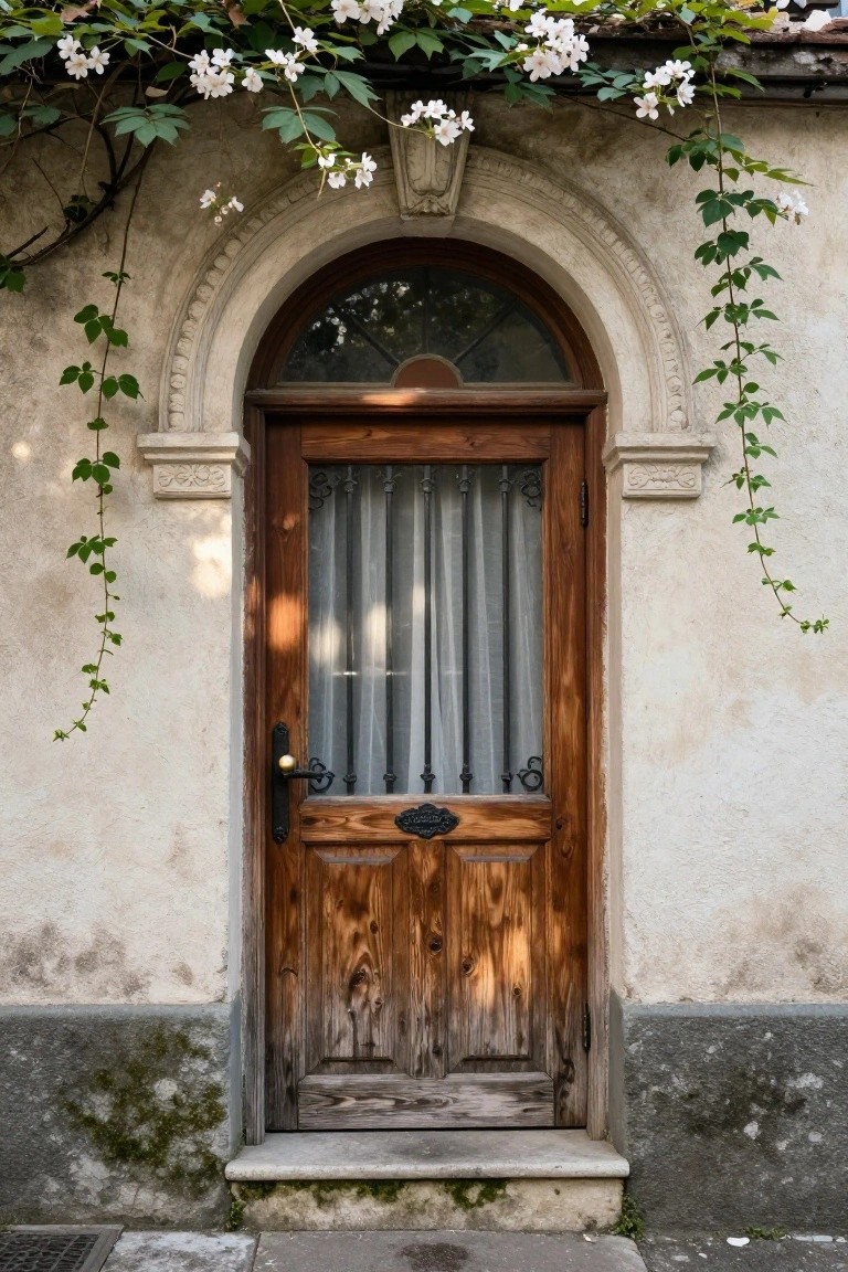 Weathered wooden door with arched stone frame and white climbing flowers.
