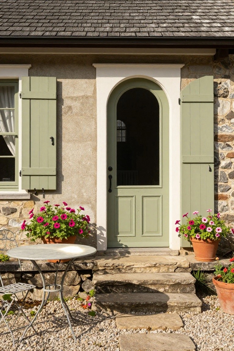 Stone and stucco house exterior with sage green arched wooden door, matching shutters on windows, potted pink geraniums, small metal bistro table and chairs, and gravel path with stone steps.