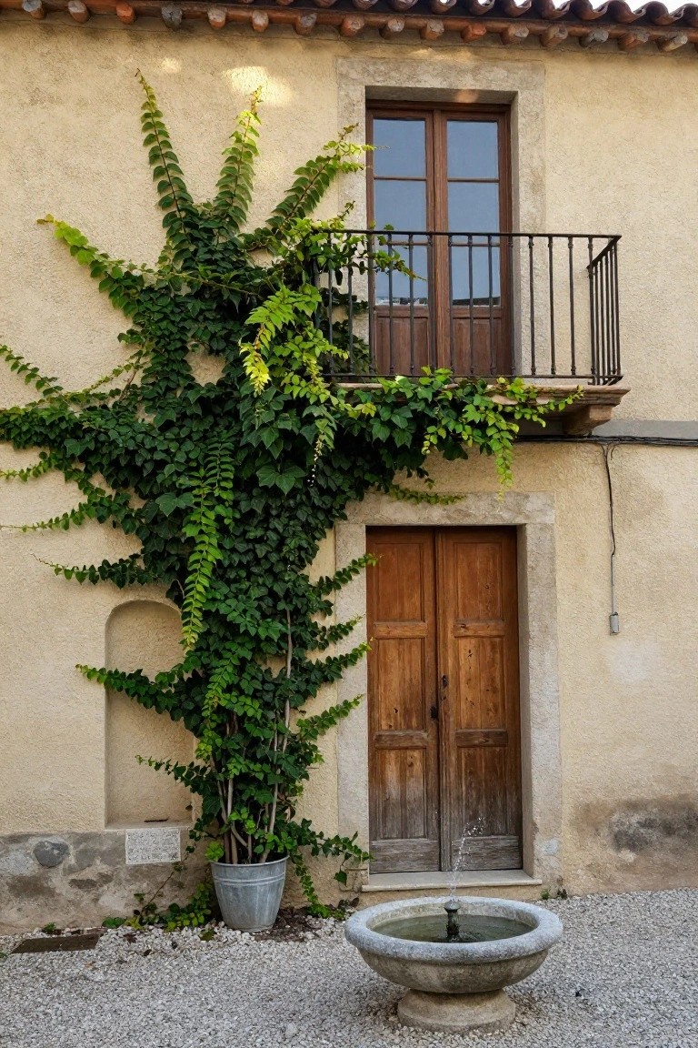 Beige stucco house facade with green climbing vines covering much of the wall, wooden double door entryway, iron-railed balcony window above, metal bucket planter, and stone fountain on gravel courtyard.