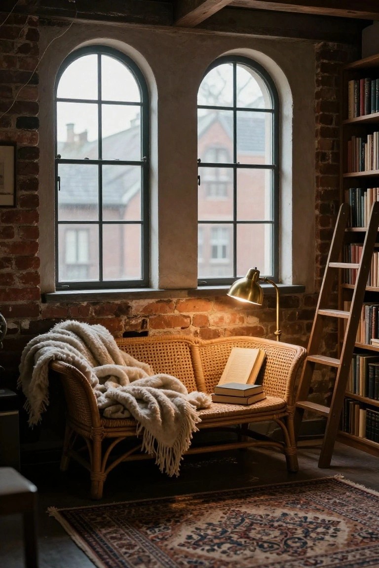 Cozy rattan loveseat with white throw blanket, open book, and stacked books on seat in brick-walled room with tall arched green-framed windows, brass desk lamp, wooden ladder against bookshelves, and Persian rug on floor.
