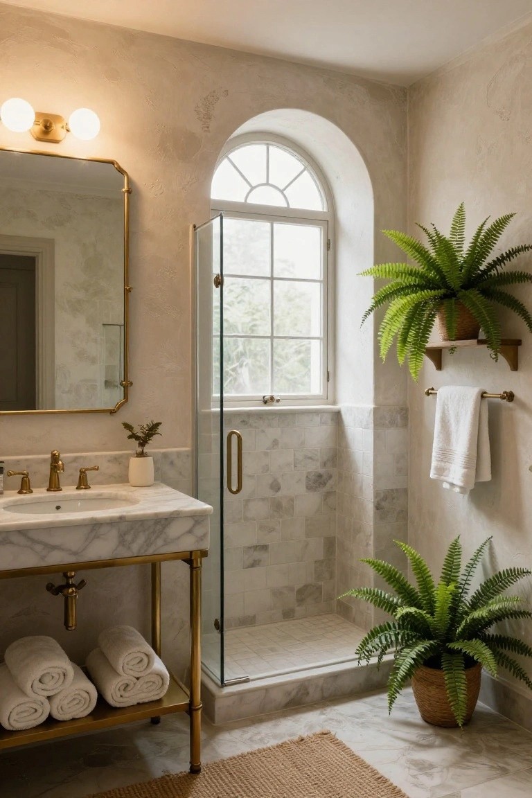 Bathroom with arched white window next to glass shower door, gold mirror and vanity on marble countertop, potted ferns, white towels, and beige plaster walls.