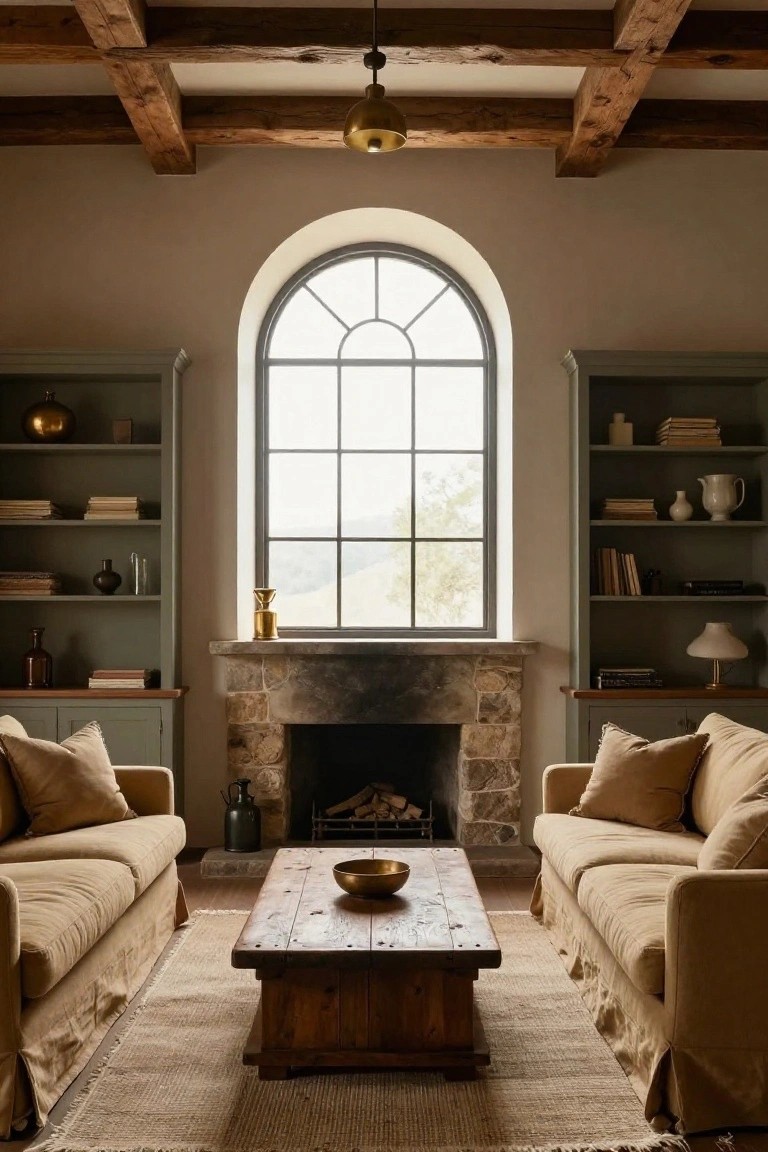Living room interior with two beige linen sofas around a wooden coffee table, stone fireplace with firewood, green bookshelves on both sides, and a tall arched window with divided light panes overlooking distant hills.