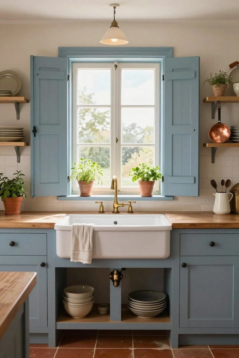 Kitchen featuring open blue shutters on a white-framed window above a white farmhouse sink, with blue cabinets, wood countertop, plants on the windowsill, and shelves holding dishes and copper pots.