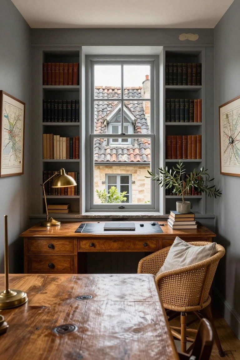 Small interior study room with gray built-in bookshelves flanking a large multi-pane window overlooking a stone house with red terracotta roof, wooden desk with brass lamp, rattan chair, and olive plant on shelf.