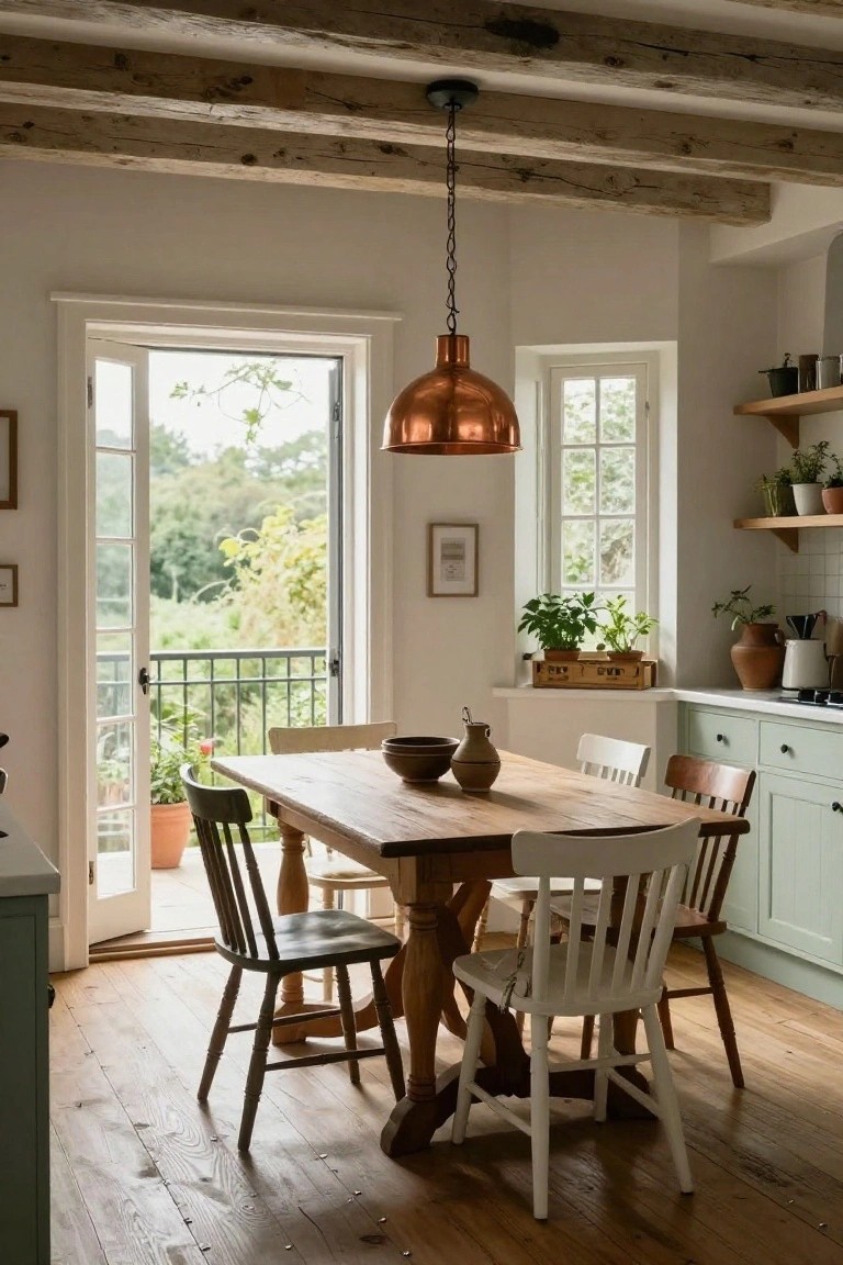Kitchen dining area with exposed wood beam ceiling, wooden table and mixed chairs, open French doors to balcony, large windows, green cabinets, plants, and garden view outside.