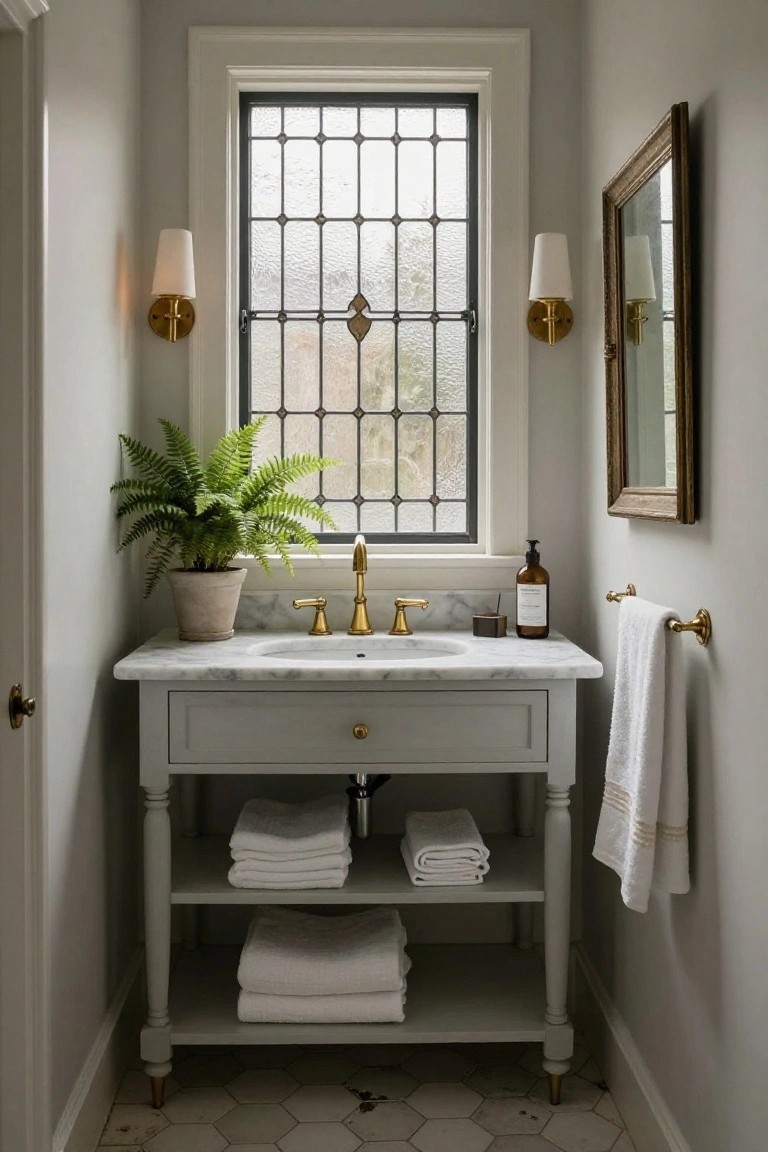 Small powder room with gray painted vanity topped by white marble sink and gold bridge faucet, fern plant in terracotta pot, frosted leaded glass window with black metal grid, gold sconces, and white towels on open shelves.