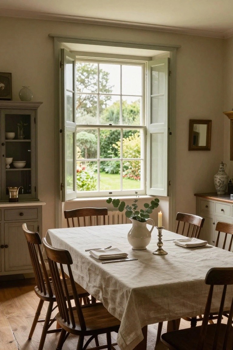Dining room interior with wooden table covered in white linen, set with plates and napkins, wooden chairs, tall open sash windows with green shutters overlooking garden, cream cabinets and sideboard.