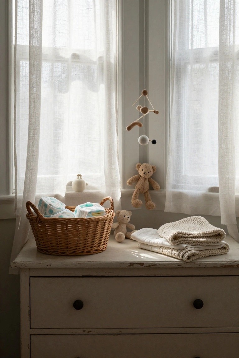White wooden dresser topped with a wicker basket of diapers and folded knit blankets, next to tall windows covered in sheer white curtains, with hanging teddy bears and a wooden mobile nearby.