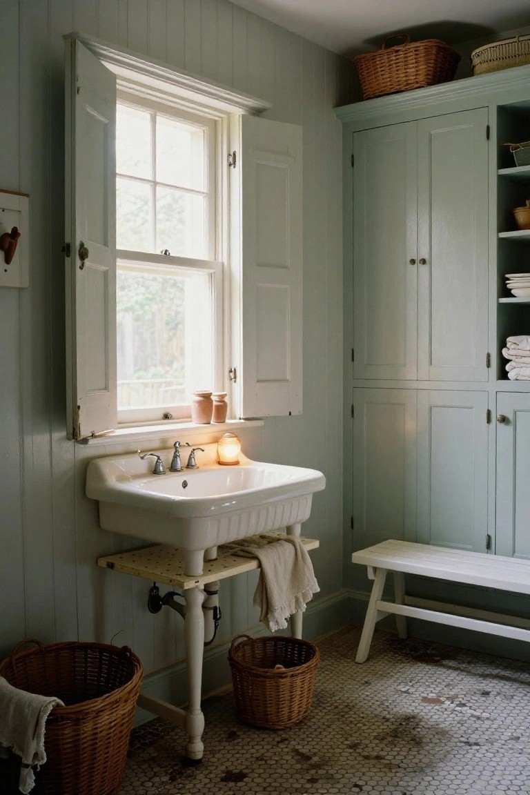 Vintage white farmhouse sink on wooden stand in a bathroom with open white wooden shutters on a multi-pane window, sage green cabinets, wicker baskets, towels, and black-and-white checkered tile floor.