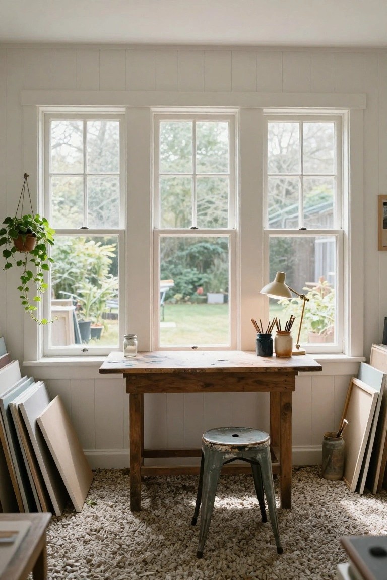 Bright interior studio room featuring three large white-framed multipane windows side by side overlooking a garden, with a wooden worktable holding art supplies, a metal stool, leaning canvases, and a hanging plant.