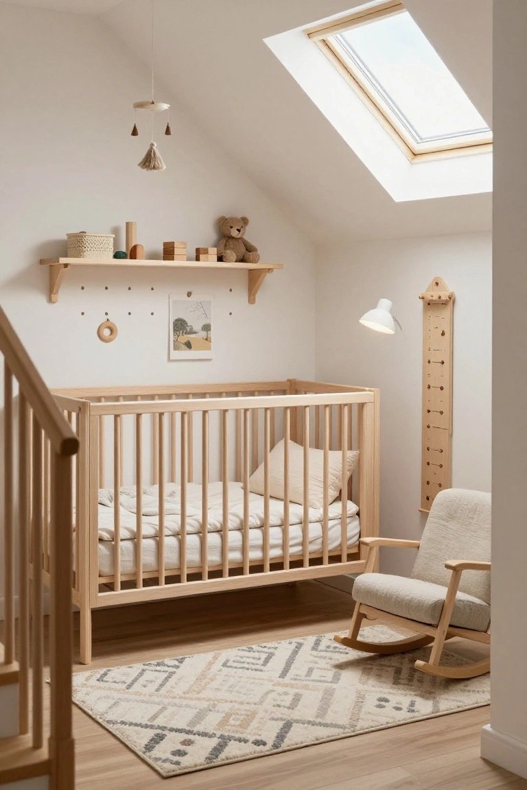 Nursery room in attic with sloped white ceiling and skylight, blonde wood crib with beige bedding, wooden rocking chair, open shelves with toys and basket, height chart, and neutral patterned rug on light wood floor.