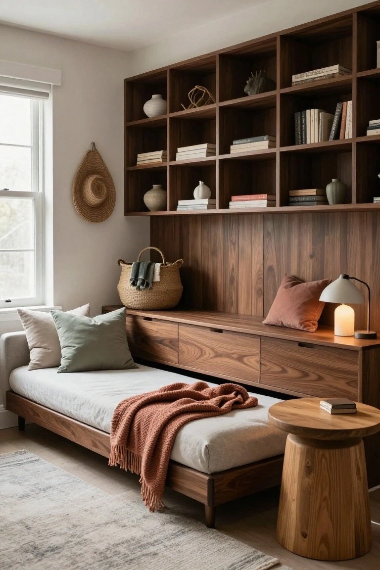 Interior corner with walnut wood built-in shelving, cabinets, and low daybed topped with white bedding, orange throw, green and cream pillows, next to a window, woven basket, lamp, and wood stool on light rug.