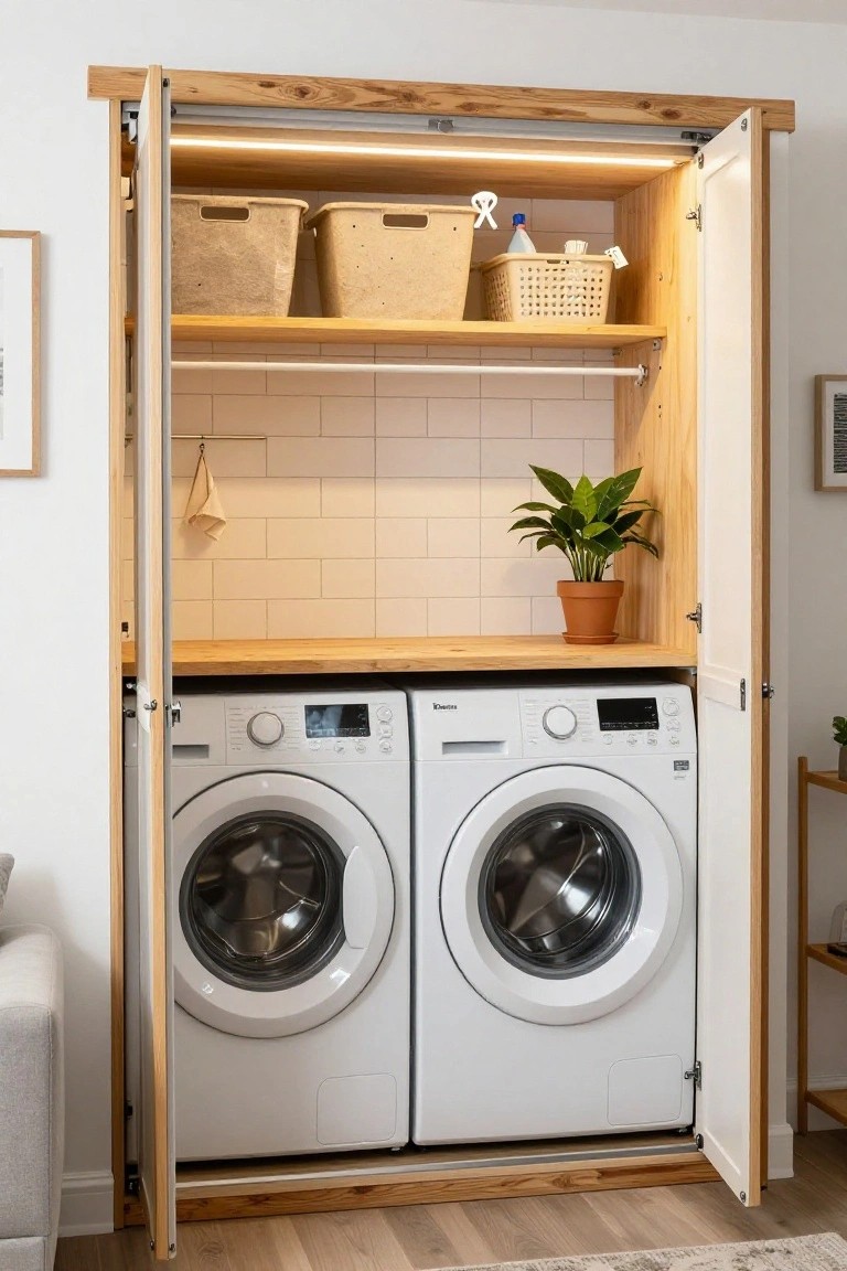 Open double wooden doors of a built-in cabinet revealing two white front-loading washing machines on the bottom, wooden countertop above, shelves with beige baskets and laundry items, potted plant, tiled backsplash, and hanging rod inside a small interior room.