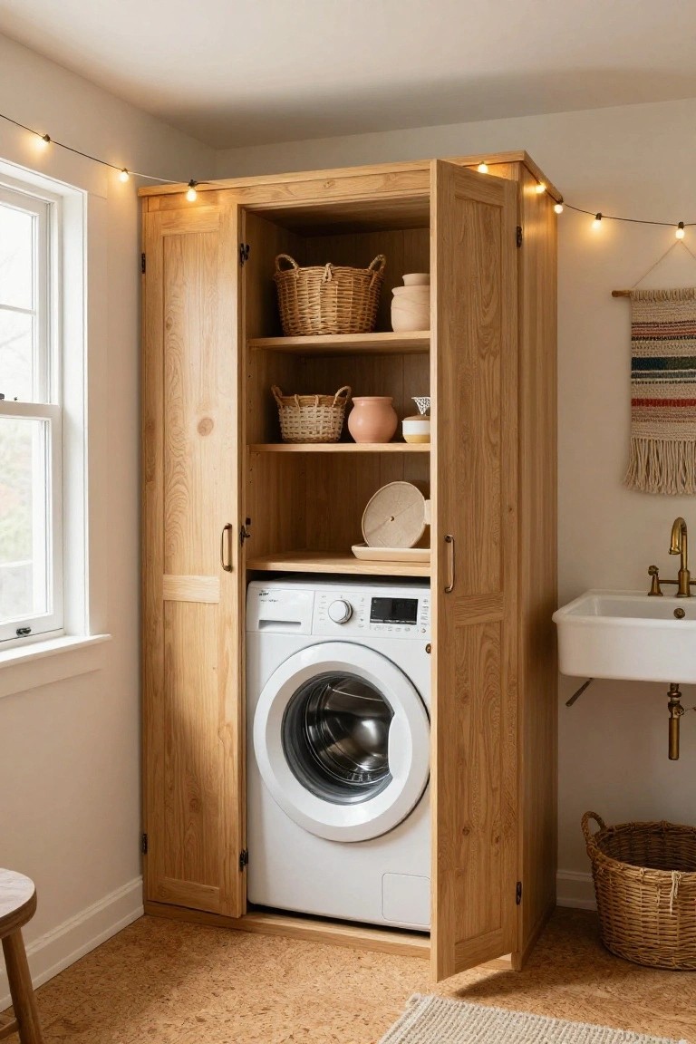 Open double-door wooden cabinet in a corner laundry room enclosing a white front-loading washer, with upper shelves holding wicker baskets and ceramic items, next to a white farmhouse sink on a cork floor.