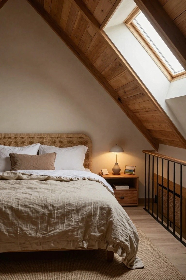Attic bedroom featuring sloped wooden ceilings, rattan headboard bed with white pillows and beige linen duvet, wooden nightstand holding a lamp and vase next to a black metal railing on light wood floors with seagrass rug.