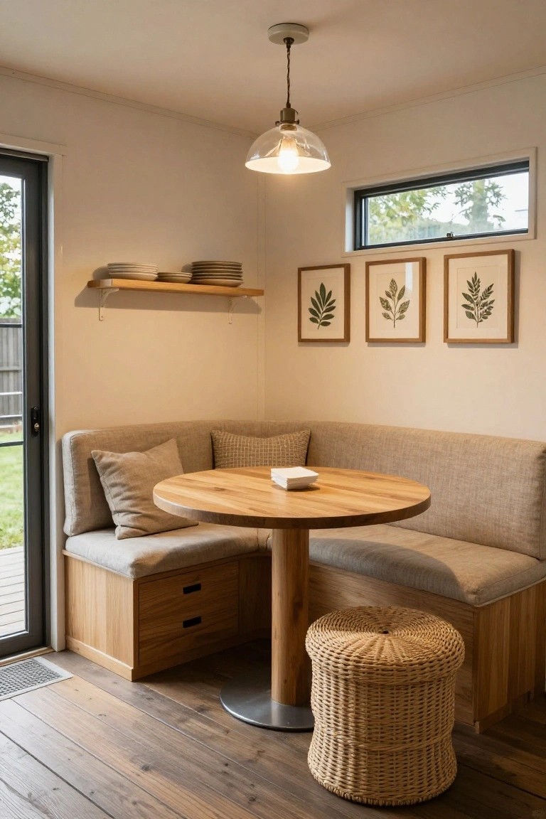 Interior corner of a light room with beige built-in L-shaped bench seating around a round oak pedestal table, beige cushions, wicker stool, wall shelves holding stacked plates, three framed leaf prints, and black-framed glass sliding door to garden.