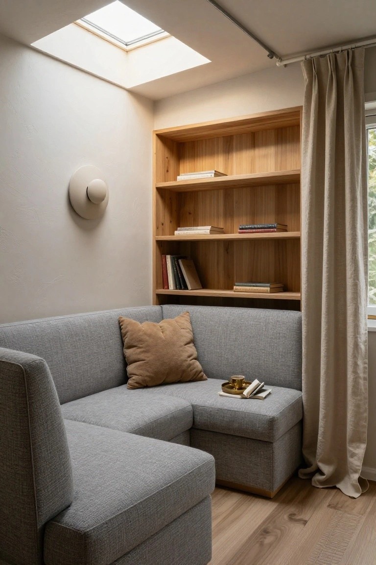 Corner indoor seating area with gray L-shaped fabric sofa, beige pillow, wooden bookshelves filled with books, wall-mounted light fixture, skylight overhead, linen curtain on window, and oak wood floor.