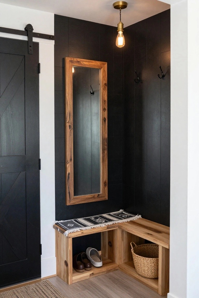 Interior view of a narrow entryway with a black sliding barn door, tall wooden-framed mirror on dark paneled walls, wall hooks, wooden bench with shoe cubbies and woven basket underneath, and a seagrass rug on light wood floors.