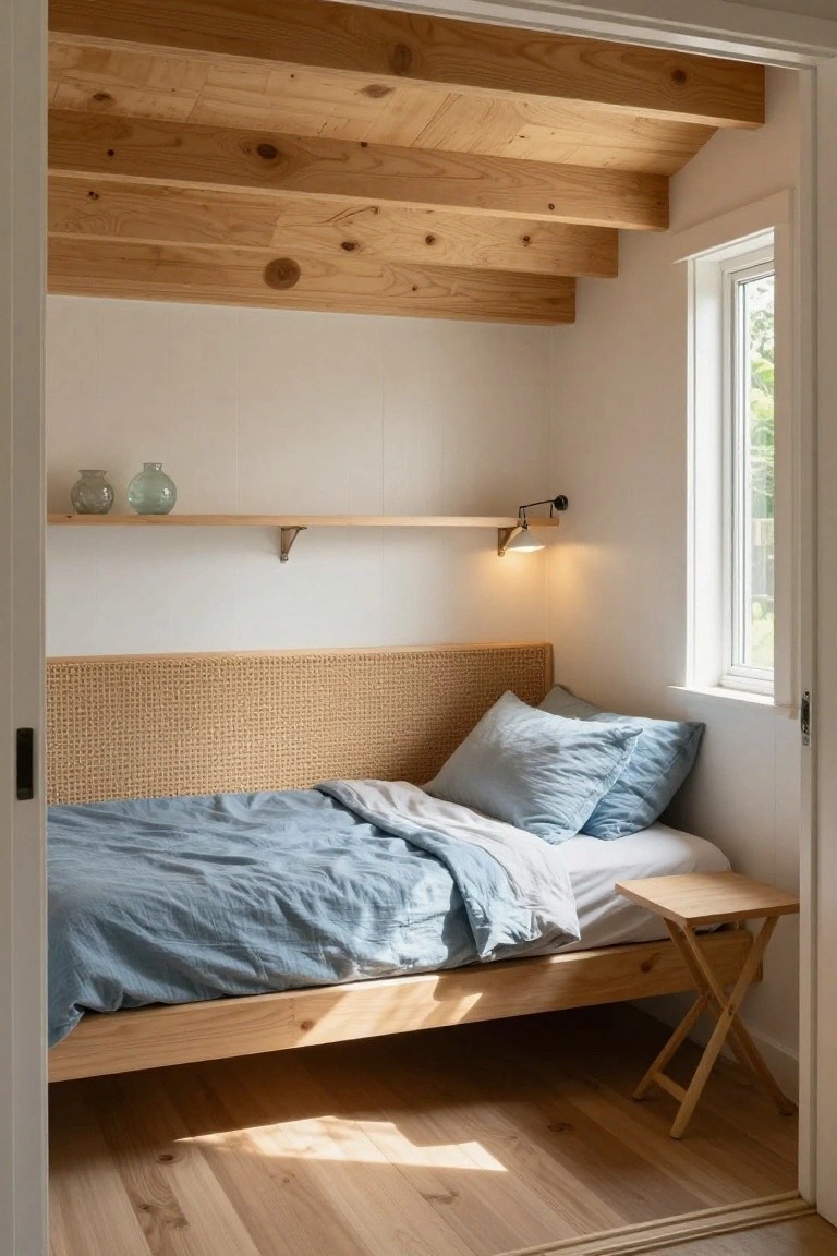 Cozy wooden bedroom with woven headboard, blue bedding, and floating shelf.