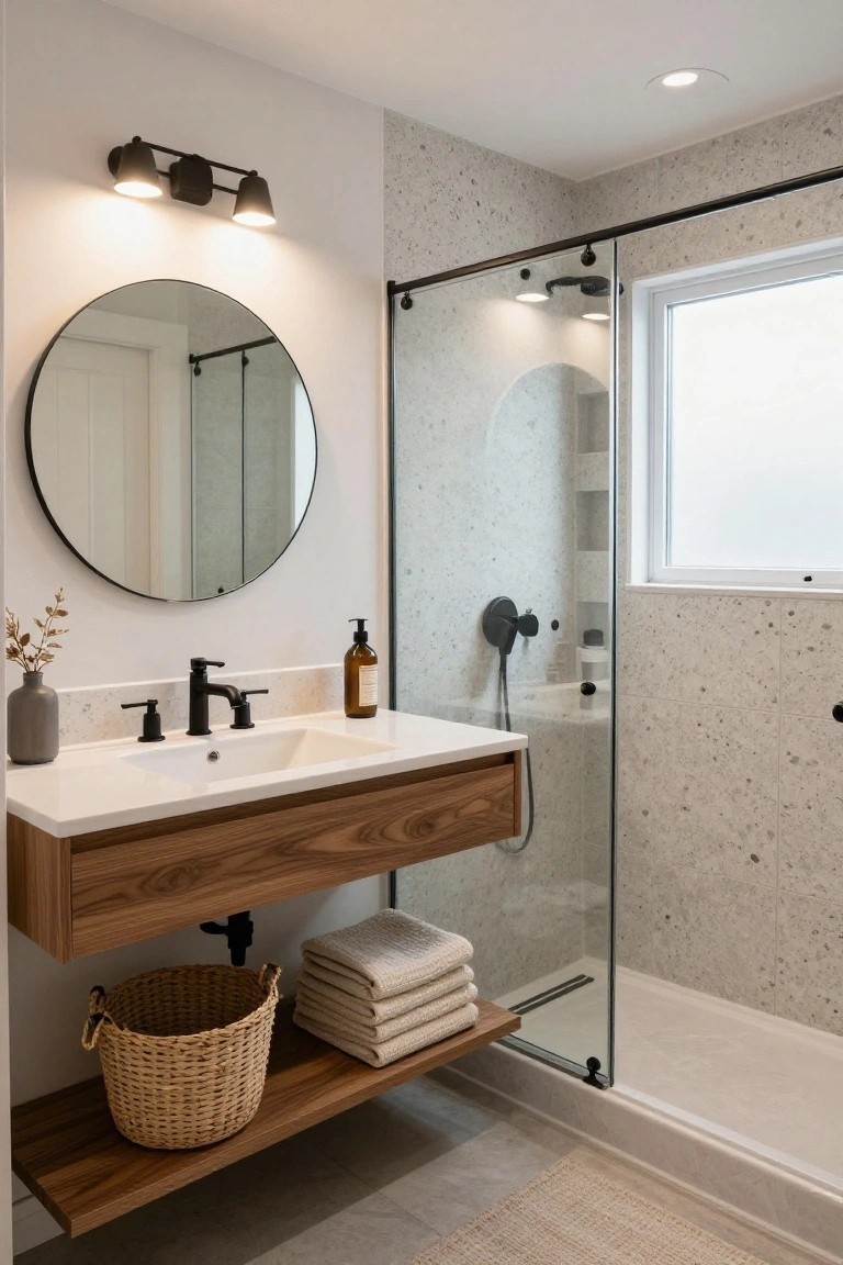 Modern bathroom with floating wooden vanity below a round black mirror, white sink with black faucet, glass shower enclosure featuring speckled tile walls, and neutral accessories on open shelf.