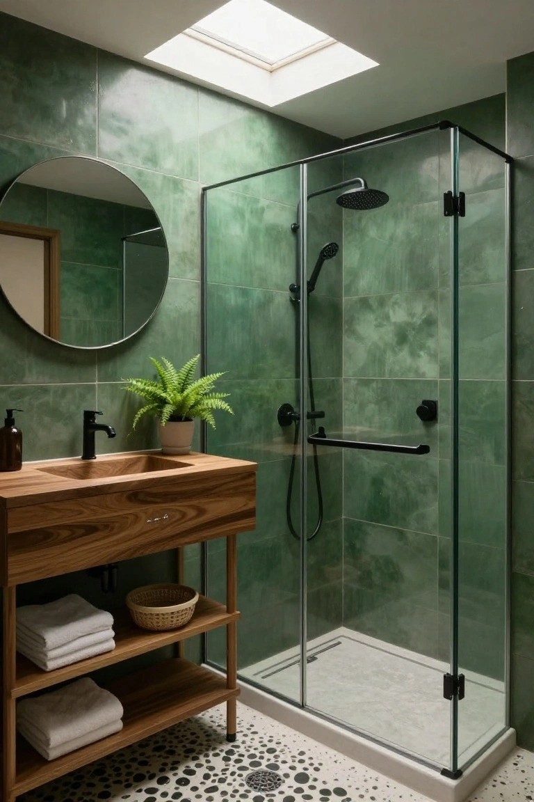 Small modern bathroom with glossy green tiles on walls, wooden vanity and integrated sink, black matte fixtures, glass shower enclosure, round mirror, potted fern, and skylight above.