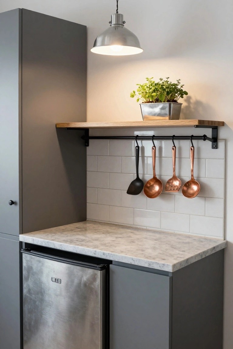 Compact kitchen corner with tall gray cabinets, marble countertop, under-counter silver fridge, white subway tile backsplash, wooden shelf holding metal planter with green plant, black hanging rail with copper ladles, spoons, slotted spoon, and black spatula, silver pendant light overhead.