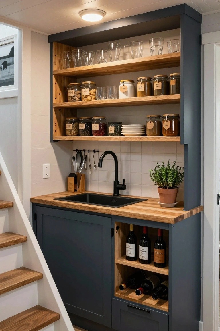Compact kitchen in a tiny house with open wood shelves stocked with glass jars, cups, and plates above navy cabinets, black sink, utensil hooks, knife block, potted herb plant, built-in wine rack, and wooden stairs adjacent.