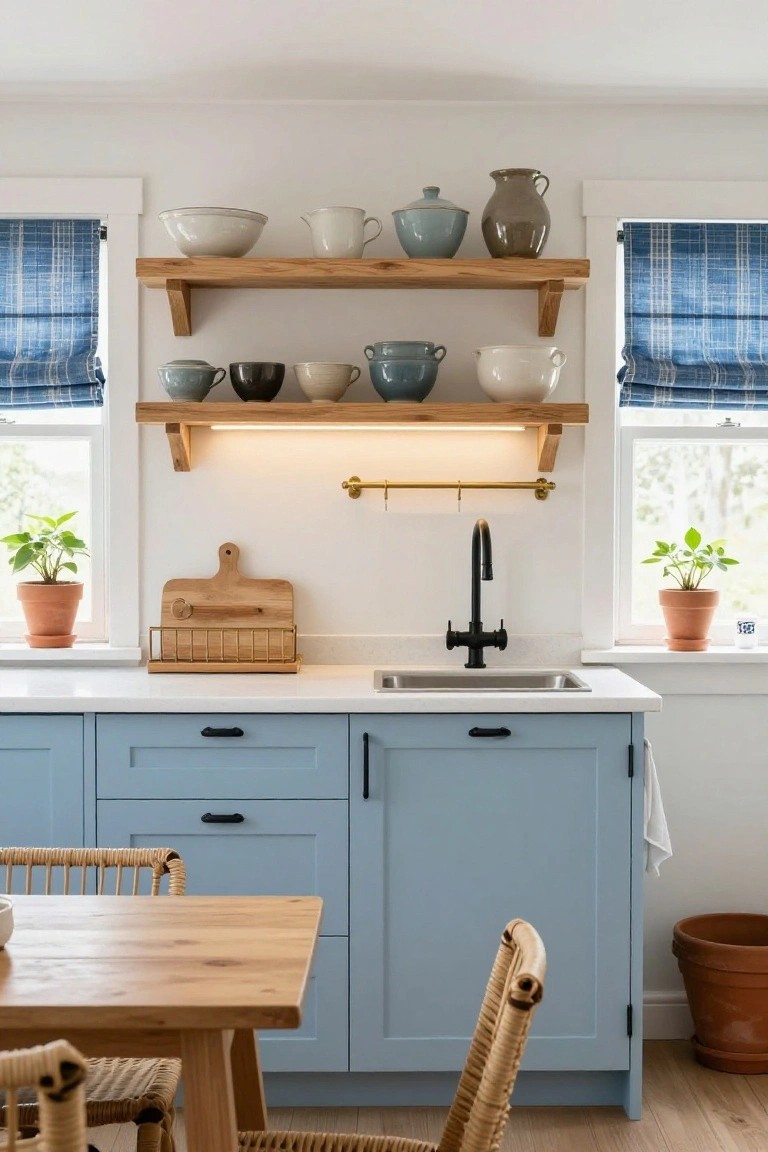 Kitchen interior with light blue shaker-style cabinets, white quartz countertop, black matte faucet and sink, wooden open shelves displaying white and blue ceramic bowls and dishes, rattan chairs at a wooden table, plants in terracotta pots near windows with blue plaid shades, and hardwood floors.