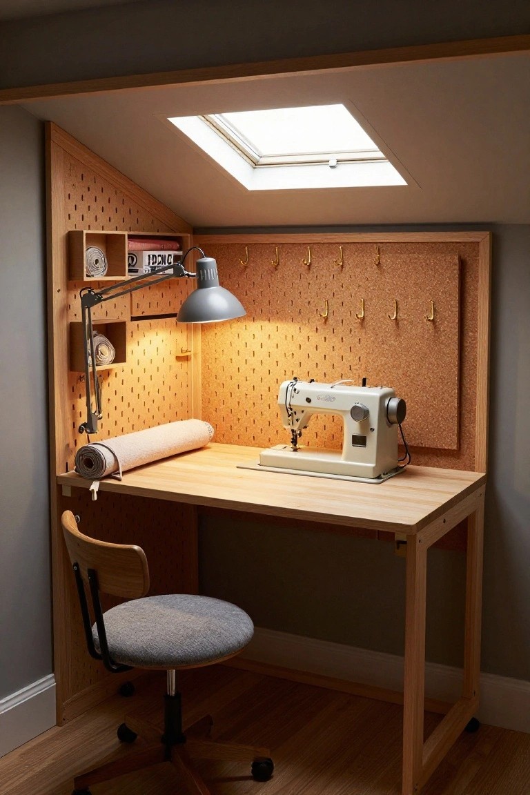 Wooden desk with white sewing machine in a small attic room with slanted pegboard walls holding hooks, shelves, fabric rolls, and a desk lamp under a skylight.