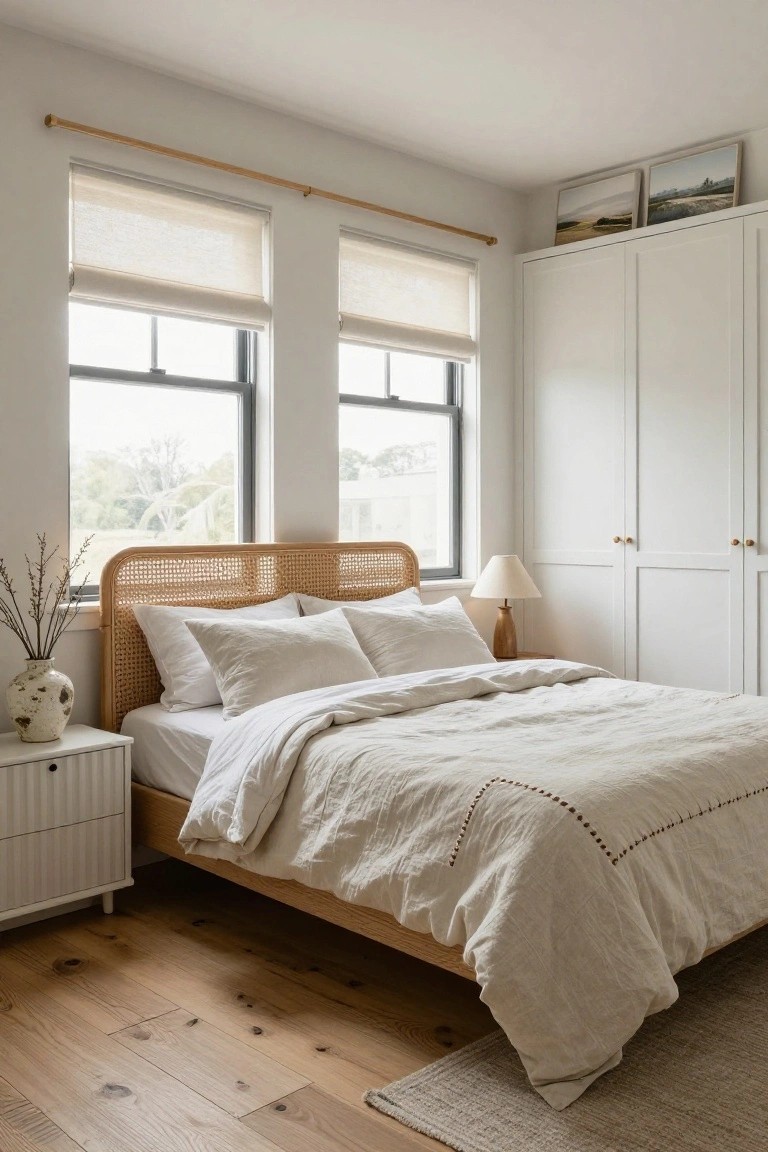 A bedroom with a queen bed featuring rattan cane headboard and white linen bedding, oak nightstand with lamp and vase, tall white wardrobe cabinets, sheer roller shades on black-framed windows, and light wood plank flooring.