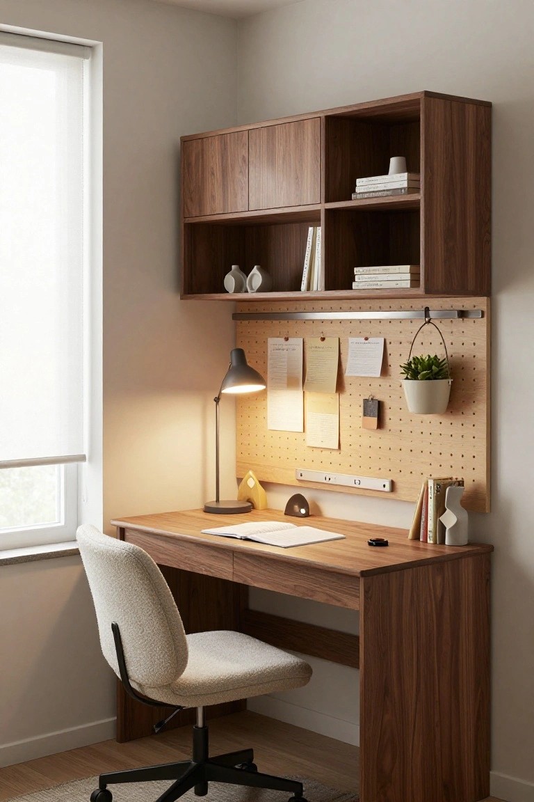 Wooden desk with drawers and white upholstered chair in a light beige room, overhead walnut cabinets and shelves with books and ceramics, pegboard panel with notes, plant, lamp, and window with roller blind.