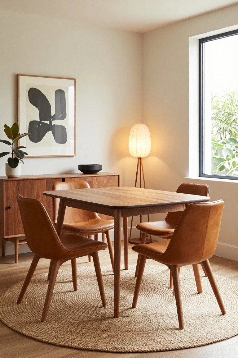 Bright dining room with rectangular wooden table, four tan leather chairs, wooden sideboard holding a black bowl and potted plant, abstract black and white wall art, white paper floor lamp, and large window with plants outside, on light wood floors with round seagrass rug.