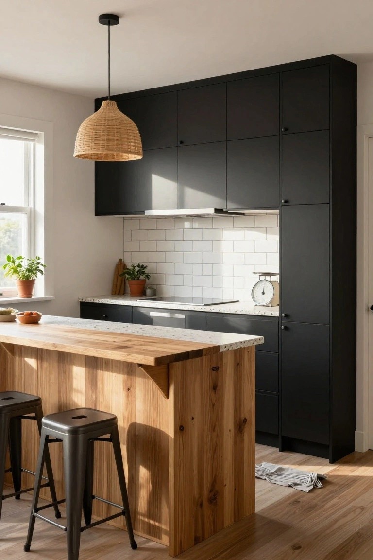 Kitchen interior featuring tall black cabinets, white subway tile backsplash, terrazzo countertop, light wooden island with black metal stools, rattan pendant light, plants, and hardwood floor.