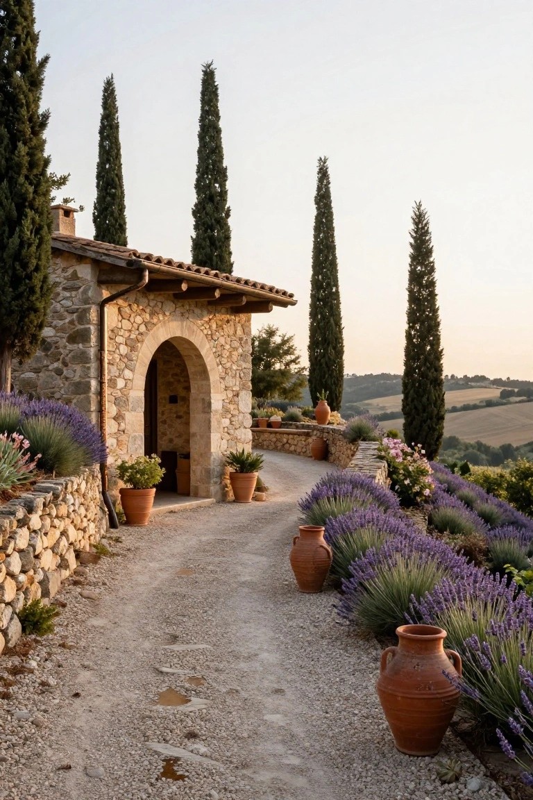 Rustic stone house with a tall arched entryway, gravel path leading to the door, lavender plants and terracotta pots along stone walls, flanked by cypress trees against rolling hills at dusk.