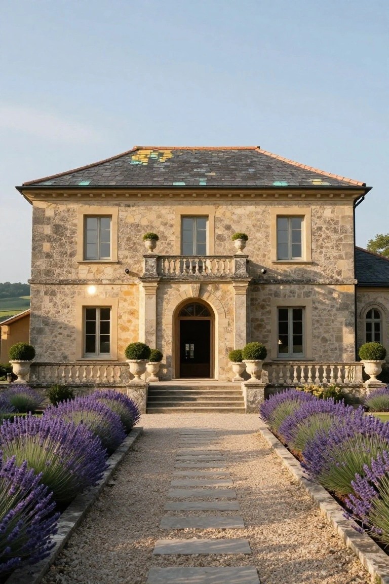 Beige stone house exterior with arched front door, balcony above, boxwoods in urns, and symmetrical lavender borders along a central gravel pathway leading to steps.